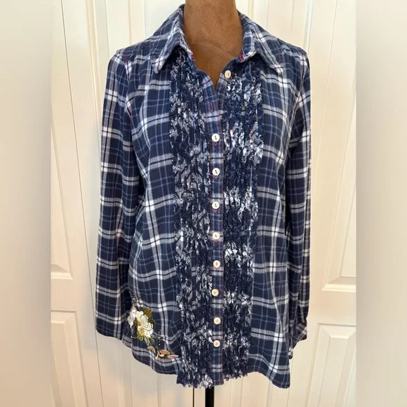 Johnny Was / 3J Workshop Embroidered Blue Ruffled Flannel Size Medium - Picture 1 of 14